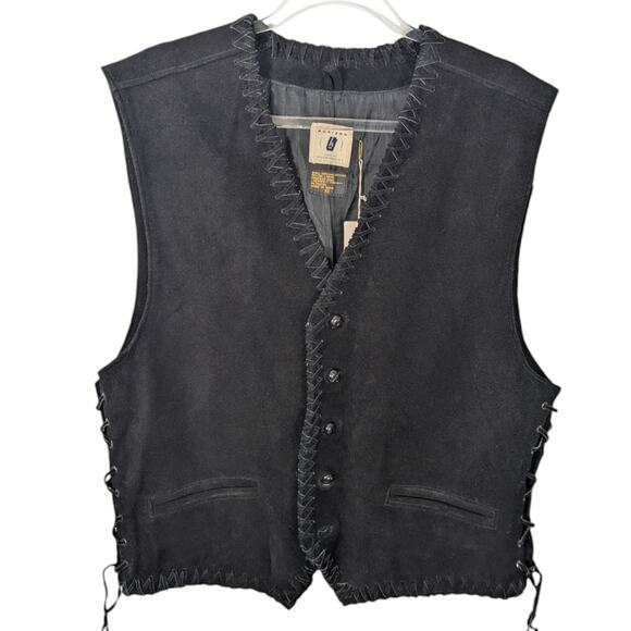 VTG Horizon Bloomingdales Black Suede Vest Lace Up Sides Cross Stitch XL NWT - Picture 1 of 9